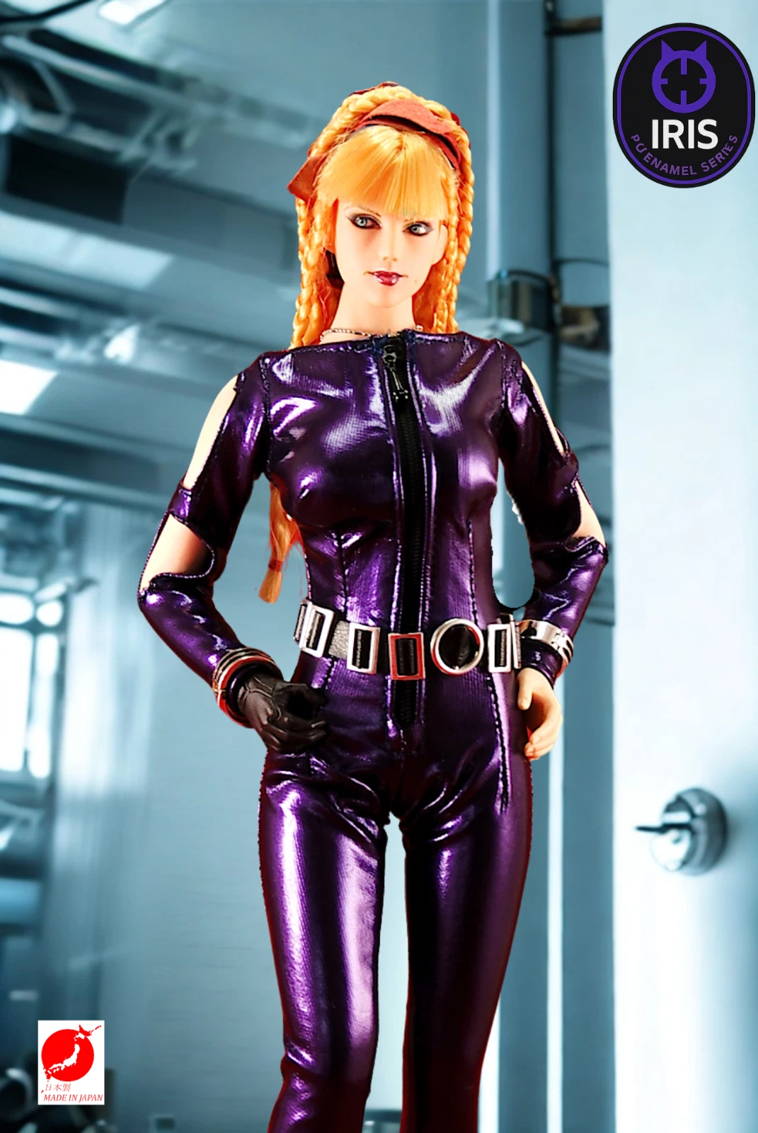 Purple enamel front-zip catsuit with cut-out sleeves and silver belt